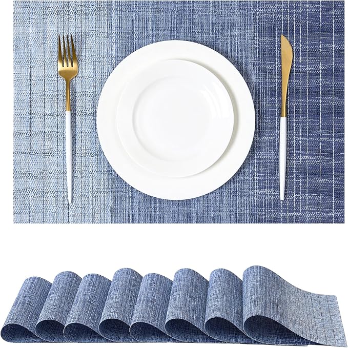 Leetaltree Gradient Blue Woven Placemats Set of 8 - Heat Resistant Non-Slip Place mats for Dining Table, Washable Durable PVC Vinyl Woven Table Mats(Gradient Blue, 8)