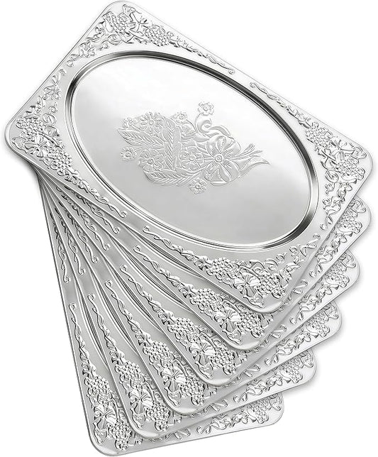 Silver Serving Trays, 6 Pcs Stainless Steel Serving Platters with Retro Engraved Design, 13.7 x 8.5 Inch for Serving Food, Appetizers, or as Decorative Accent at Home