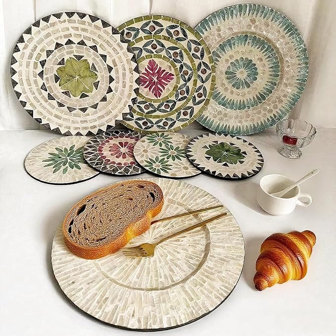 13 Inch Mother of Pearl Shell Placemat Plate – Large Round Decorative Heat for Table or Kitchen, Cabinet, Tabletop (Blue Leaf, 13 Inch)