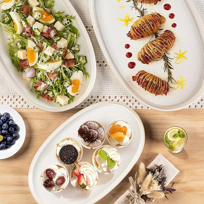 theterra Ceramic Serving Platter, 15.6"/14.4"/12.2" Oval Serving Dishes for Entertaining, Oven Safe, Microwave Safe, Serving Plates Set of 3 for Wedding, Party, Turkey, Reactive White