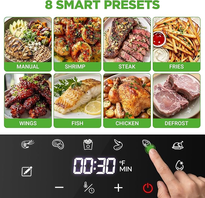 NutriChef 5.8 Quart Air Fryer | Glass Airfryer with 8-in-1 Digital Presets | Stainless Steel Fryer Design | Glass Fry Bowl with Flip-Up Safety Shield | Compact Air-Fryer for Even Cooking | Black