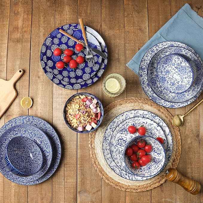 Selamica Dinnerware Sets 16 Piece, Ceramic Plates and Bowls Set, Embossed Dishes Set for 4, Housewarming, Dark Blue