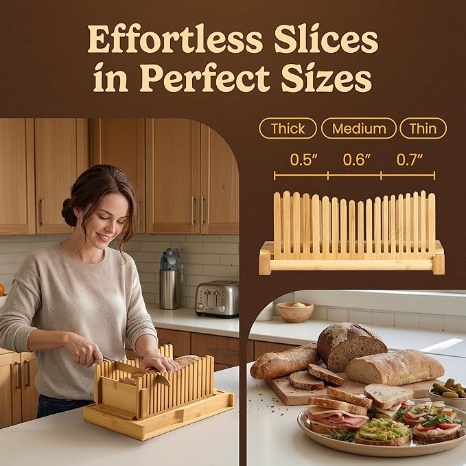 Bread Slicer Guide for Homemade Bread 2-In-1 Set: Sourdough Rounds Slicer, Sandwich Sealer | Bread Loaf Slicing, Adjustable Bamboo Bread Cutter With Knife & Magnetic slot