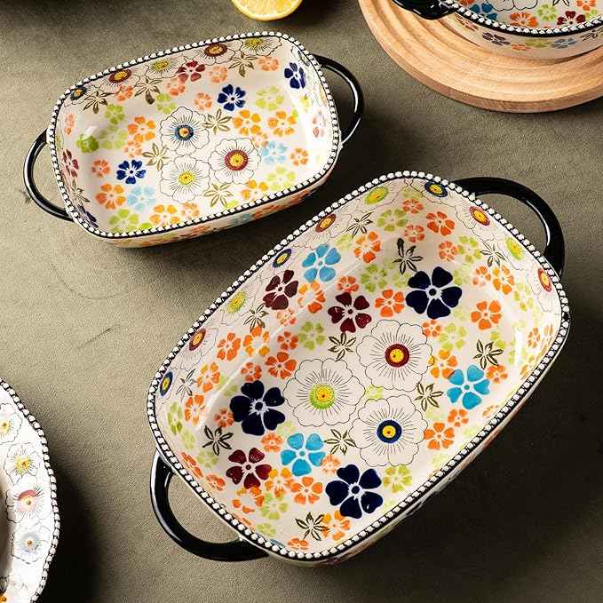 Retro pastoral style Ceramic Baking Dish Rectangular Bakeware Set Baking Pan, 2-piece Hand-painted Porcelain Baking pan with handle, Casserole Dish for Oven/Cooking/Kitchen (Green Traces)