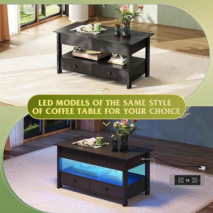 WLIVE Coffee Table, Lift Top Coffee Table with 2 Drawers, Large Hidden Compartment and Open Storage Shelf, Lift Tabletop, Dining Table for Living Room, Black
