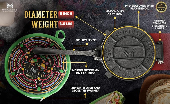 Movaluxe® Tortilla Press 8 Inch Cast Iron LARGE – Corn & Flour Roti Maker Machine Heavy Duty Tortillera Presser. With Parchment Paper, Warmer Pouch, Taco Holders, Rubber Mat & Digital Culinary Guide