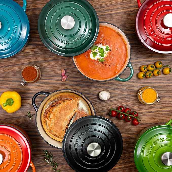 Cast Iron Dutch Oven with Lid – Non-Stick Ovenproof Enamelled Casserole Pot – Sturdy Dutch Oven Cookware – Dark Green, 3.1-Quart, 22cm – by Nuovva