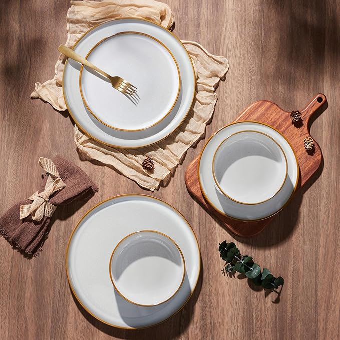 E-far Plates and Bowls Set for 2, 6-Piece Stoneware Dinnerware Sets, Ceramic Dinning Ware Reactive Glaze Dishes Set, Microwave & Dishwasher Safe - Seashell White