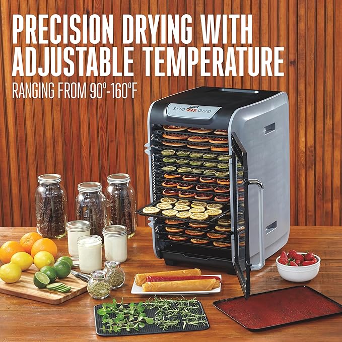 Weston Food Dehydrator Machine for Jerky, Fruit, Meat, Herbs, Vegetables, with Precision Digital Temperature Control (90-160F), 15 Stackable Trays (15.5 sq. ft.), Gray (75-1501-W)