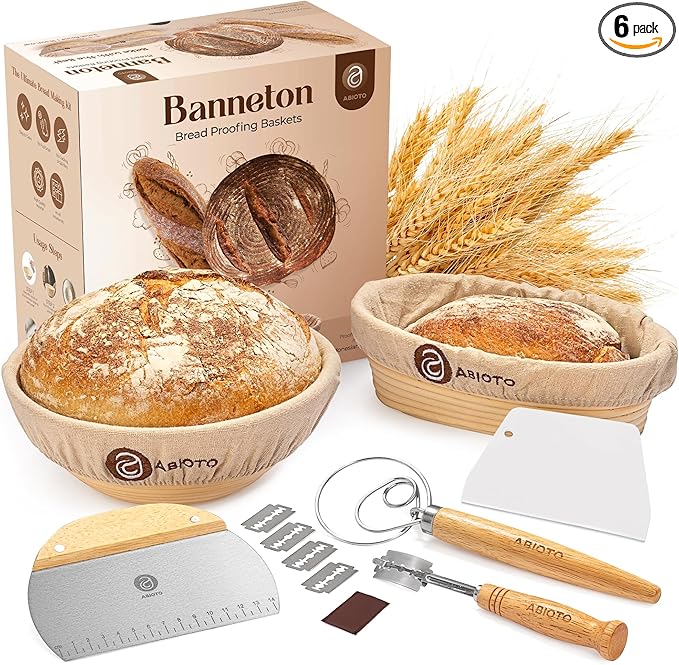 ABIOTO Sourdough Bread Baking Supplies and Bread Proofing Baskets - 9" Round & 10" Oval Indonesian Rattan Baskets, Liners, Danish Whisk, Bread Lame & Scrapers - 14 Piece Bread Making Kit for Beginners