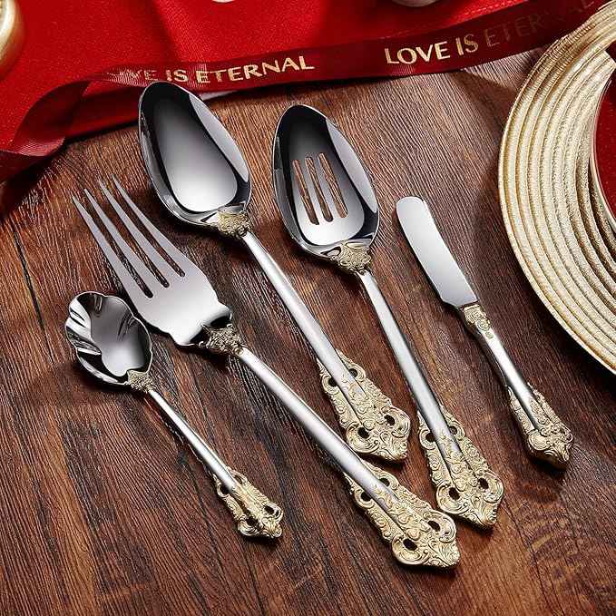 KEAWELL Luxury 45 Pieces 18/10 Stainless Steel Flatware set, Service for 8, silver plated with gold accents, Fine Silverware set and Dishwasher Safe