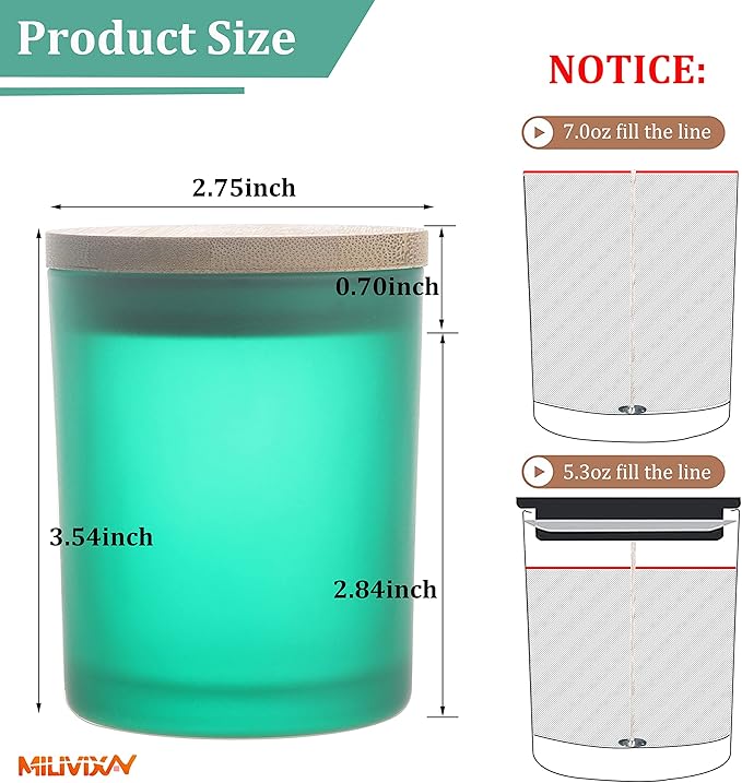 MILIVIXAY 12 Pack 7 OZ Matt Green Glass Candle Jars with Lids and Candle Making Kits - Bulk Empty Candle Jars for Making Candles - Spice, Powder Containers.