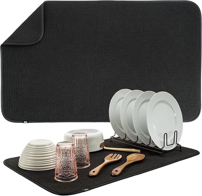 S&T INC. Dish Drying Mat 18" x 30" Black and Dish Soap Dispenser White and Bamboo Bundle