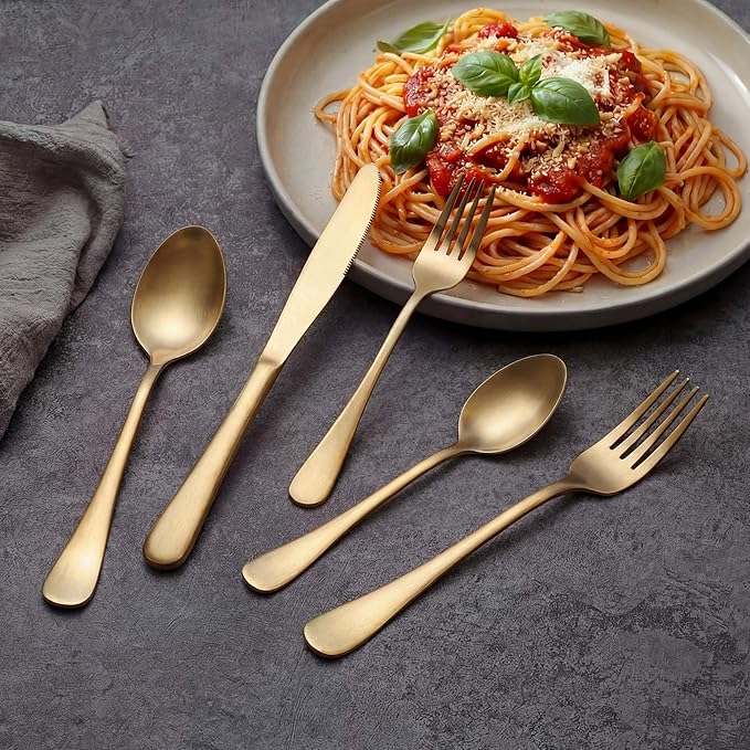 LIANYU 20 Piece Matte Gold Silverware Set, Stainless Steel Gold Flatware Cutlery Set for 4, Fancy Kitchen Utensil Tableware for Home Restaurant Party, Satin Finish, Dishwasher Safe