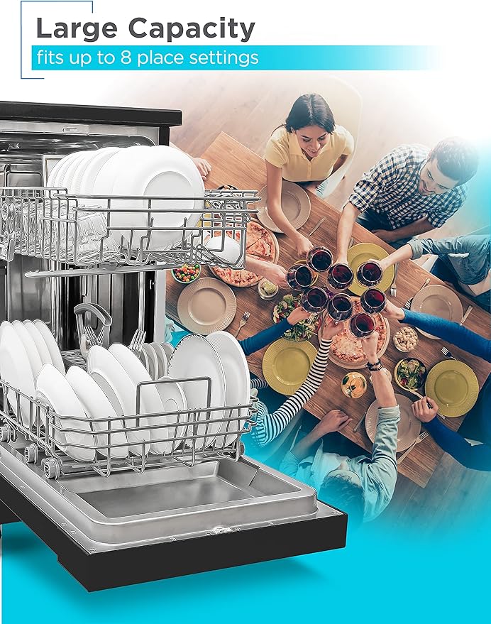 BLACK+DECKER 18-Inch Portable Dishwasher, 8-Place Setting Capacity, Mobile Dish Washer with 6 Wash Programs, LED Display, Stainless Steel Tub, ENERGY STAR Certified, BPD8B, Black