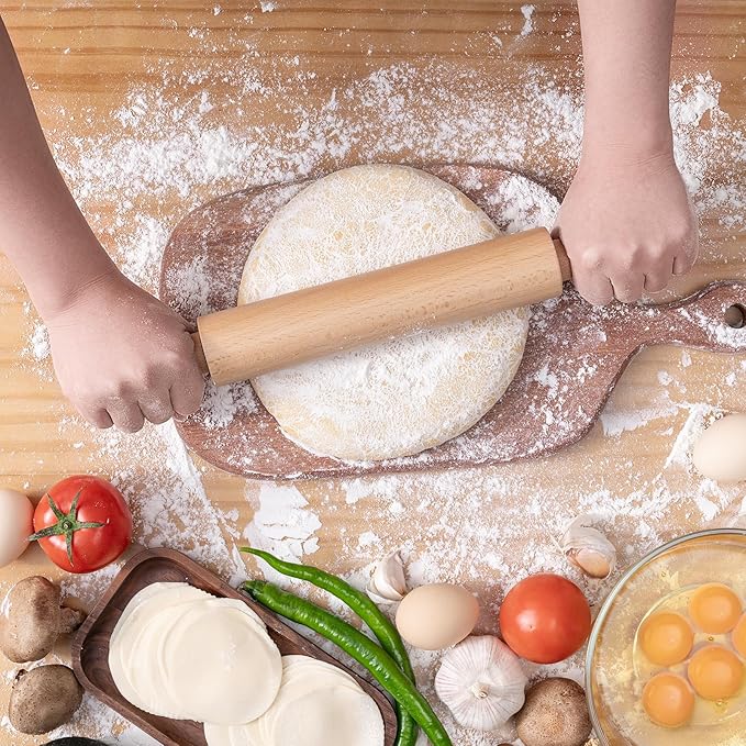 AISOSO Rolling Pins for Baking, 15.75 Inches Wooden Rolling Pin with Handles, Classic Nonstick Dough Roller for Fondant Pizza Pie Crust Cookie Pastry, Kitchen Baking Essentials, Light Yellow