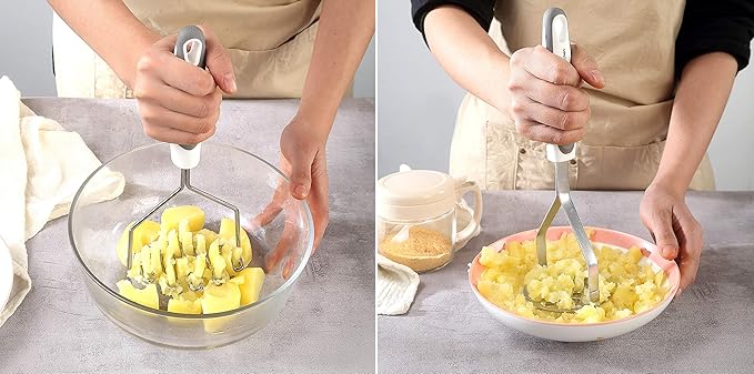 Stainless Steel Potato Masher & Peeler Set (6PCS Set - Gray) - Includes Potato Ricer, Wire Masher, Multi-purpose Peelers, Comfortable Grip Design For Kitchen, Free Silicone Brush and Oven Mitt
