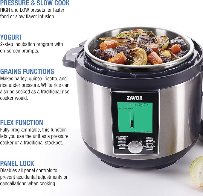 Zavor LUX LCD 6 Quart Programmable Electric Multi-Cooker: Pressure Cooker, Slow Cooker, Rice Cooker, Yogurt Maker, Steamer and more - Stainless Steel (ZSELL02)