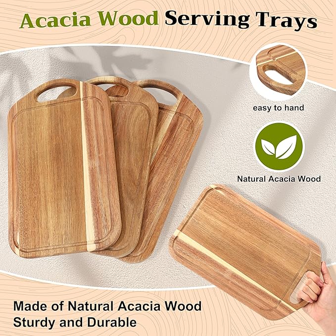LemonRoad 10 Pcs Charcuterie Boards Bulk Acacia Wood Cutting Board with Handle 13 x 7.8 in Bamboo Board Carving Tray Pizza Bread Fruit Vegetables for Kitchen Housewarming Party Supplies