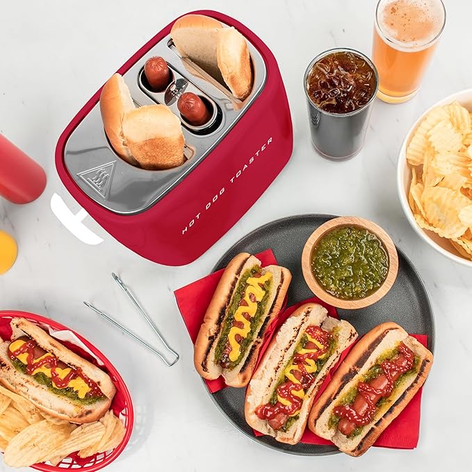 Nostalgia Retro Pop-Up Hot Dog Toaster, 2 Link and 2 Bun Capacity, With Mini Tongs, Works With Chicken, Turkey, Veggie Sausages and Brats