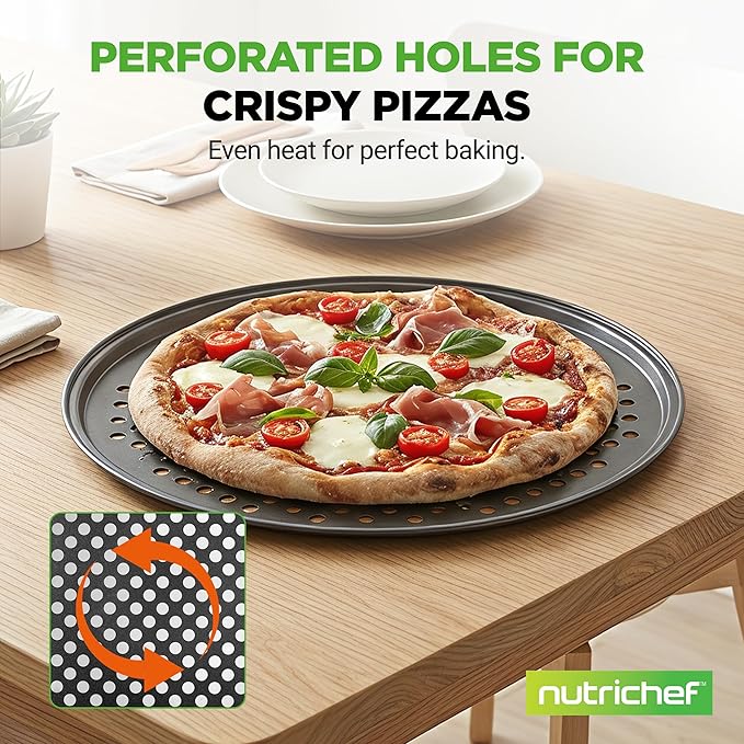 NutriChef 2-Pack 13’’ Non-Stick Pizza Pans, Round Pizza Pans for Oven, Commercial-Grade Carbon Steel, Non-Stick Gray Coating, Ideal for Baking Pizza, Cookies and More, Dishwasher Safe