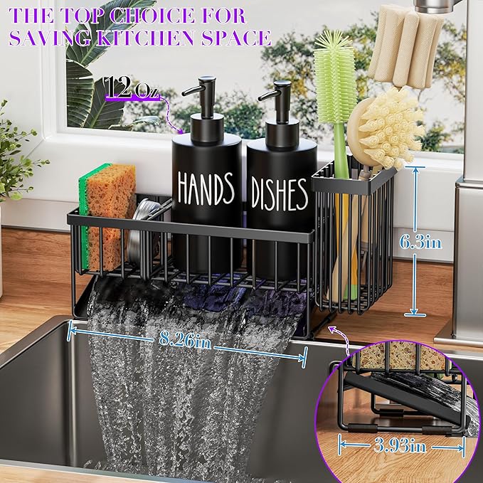 MASADI Kitchen Dish Soap Dispenser Set with Sponge Holder, 12OZ Glass Bottle, Hand and Dish Soap Dispenser Set, Non-Slip Silicone Pad, Brush Holder, Kitchen Sink Organizer Countertop (Black)