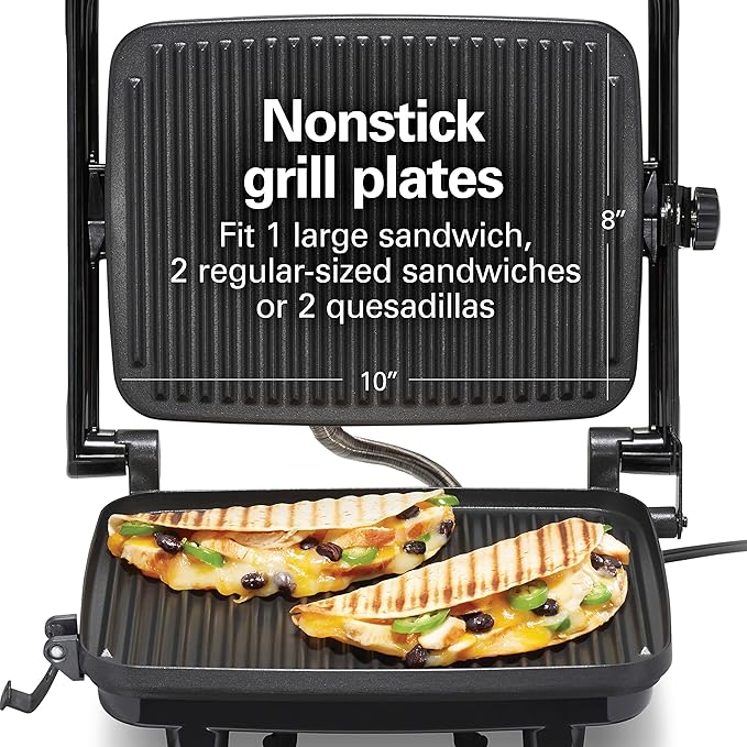 Hamilton Beach Panini Press Sandwich Maker & Electric Indoor Grill with Locking Lid, Opens Wide to Fit Any Thickness for Quesadillas, Burgers & More, Nonstick 8" x 10" Grids, Red (25462Z)