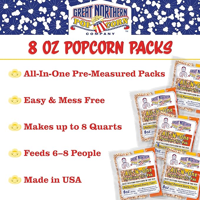 8 oz Popcorn Packs Â– Pre-Measured, Movie Theater Style, All-in-One Kernel, Salt, Oil Packets for Popcorn Machines by Great Northern Popcorn (24 Case)