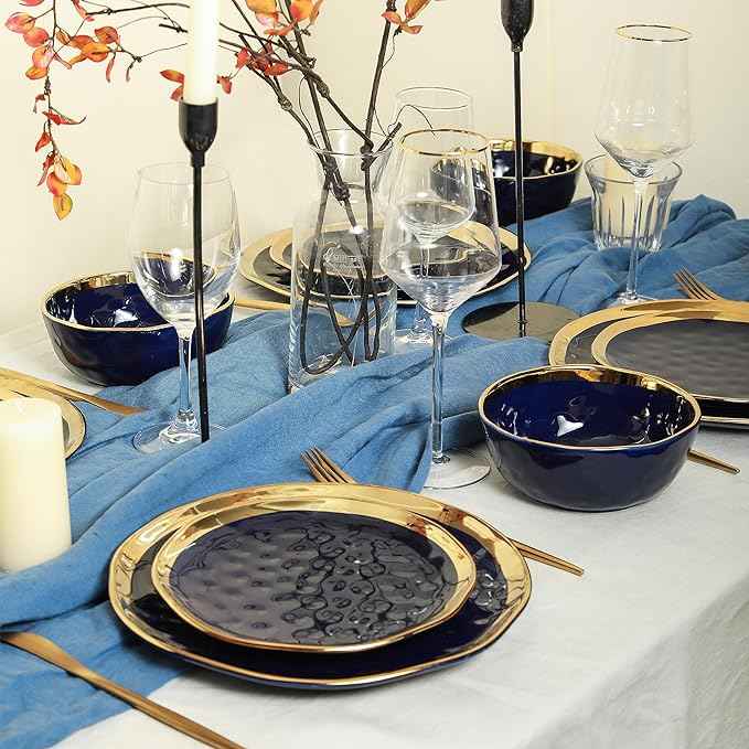 Stone Lain Florian Modern Porcelain Dish Set, 32-Piece Dishes for 8, Gold and Blue