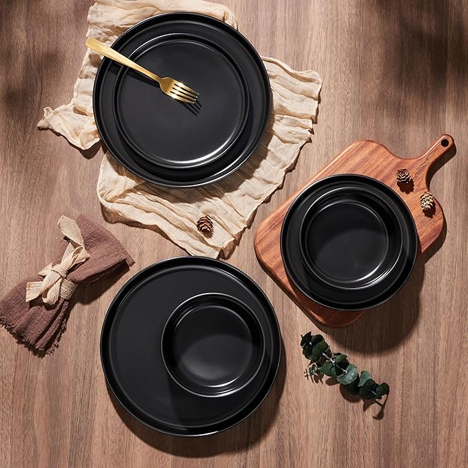 E-far Stoneware Dinnerware Sets for 2, 6-Piece Plates and Bowls Set, Modern Ceramic Dishes Dinning Ware, Microwave & Dishwasher Safe - Matte Black