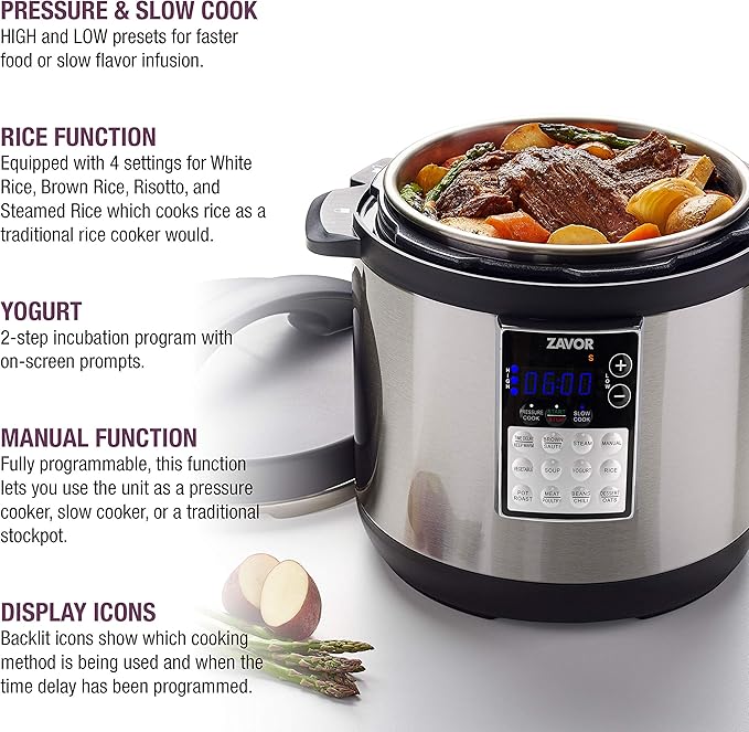 Zavor LUX Edge 6 Quart Programmable Electric Multi-Cooker: Pressure Cooker, Slow Cooker, Rice Cooker, Yogurt Maker, Steamer and more - Stainless Steel (ZSELE02)