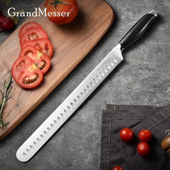 Slicing Carving Knife, 12" Brisket Knife, Ergonomic Handle Design, for Cutting BBQ Turkey Ham Rib Roast Beef with Sharpener.