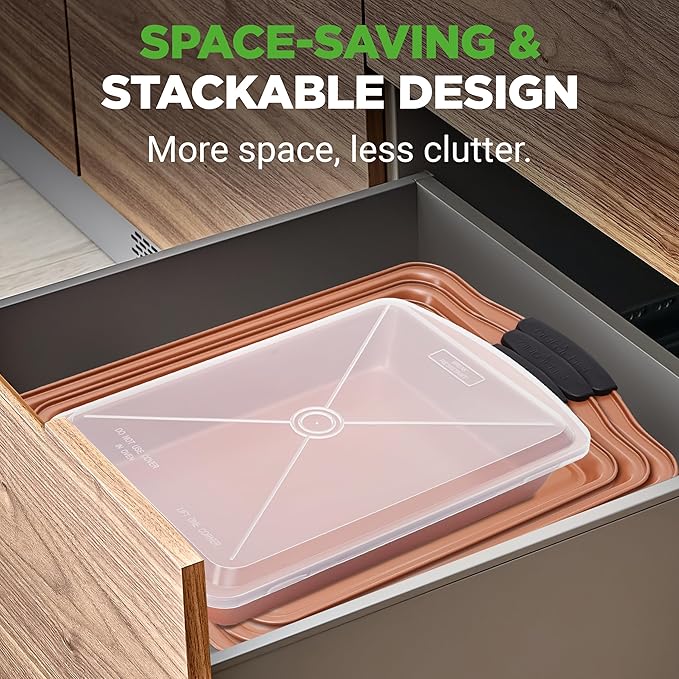NutriChef 25-Piece Baking Pan Set, Nonstick Carbon Steel Bakeware, Includes 15 Cookie Sheets (3 Each 13", 17", 15") with Silicone Handles, 5 Rectangular Pans with Plastic Lids, PFOA/PFOS/PTFE Free