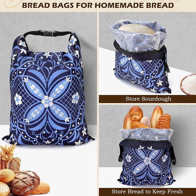 2 Pack Reusable Bread Bags for Homemade Bread, 17"×13" Sourdough Bread Storage Bags with Bowl Cover - Keep Loaf Fresh and Easy to Wash(Morocco Style)