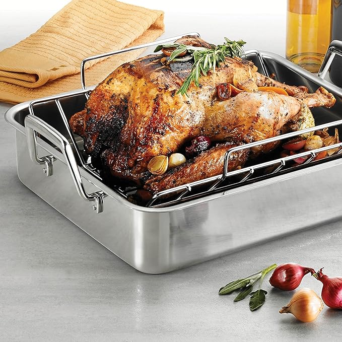 Tramontina 16.5-Inch Stainless Steel Deep Roasting Pan with Basting Grill and V-Rack, Turkey Roaster for Oven, Dishwasher Safe, Made in Brazil