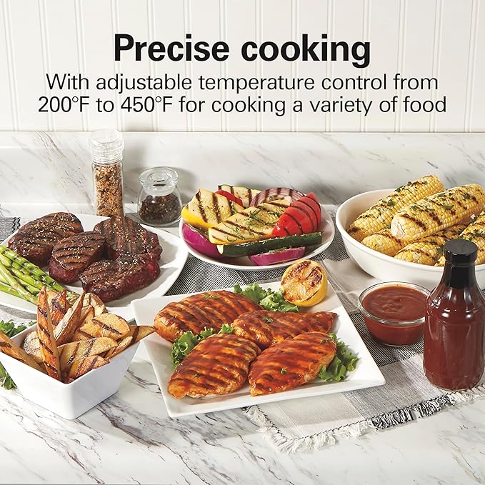 Hamilton Beach Electric Indoor Searing Grill with Viewing Window & Adjustable Temperature Control to 450F, 118 sq. in. Surface Serves 6, PFAS-Free Removable Nonstick Grate, Stainless Steel