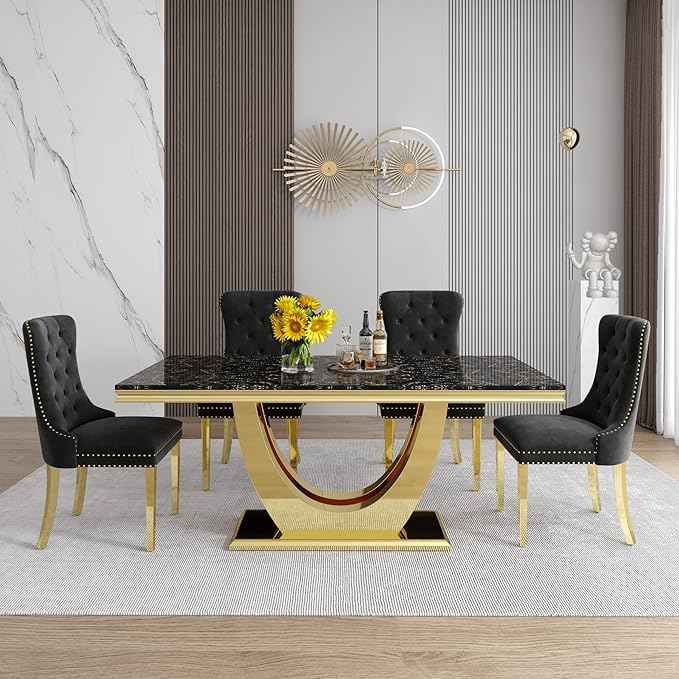Marble Dining Table Set for 6,70" Black Faux Marble Kitchen Tables and Velvet Chairs for 6,7 Piece Luxury Dining Room Table Set and 6 Upholstered Chairs with Gold Stainless Steel Bases