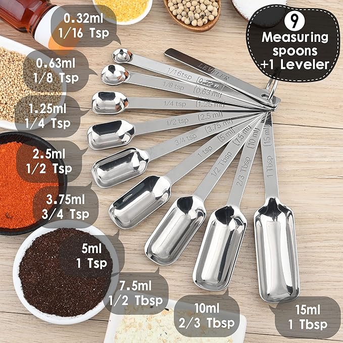 18/8 Stainless Steel Measuring Spoons Set 10, Metric & US Long Handle Measure Spoon for Kitchen & Baking, Metal Measuring Spoons Set with 1/16Tsp & 2/3Tbsp for Spice Jar