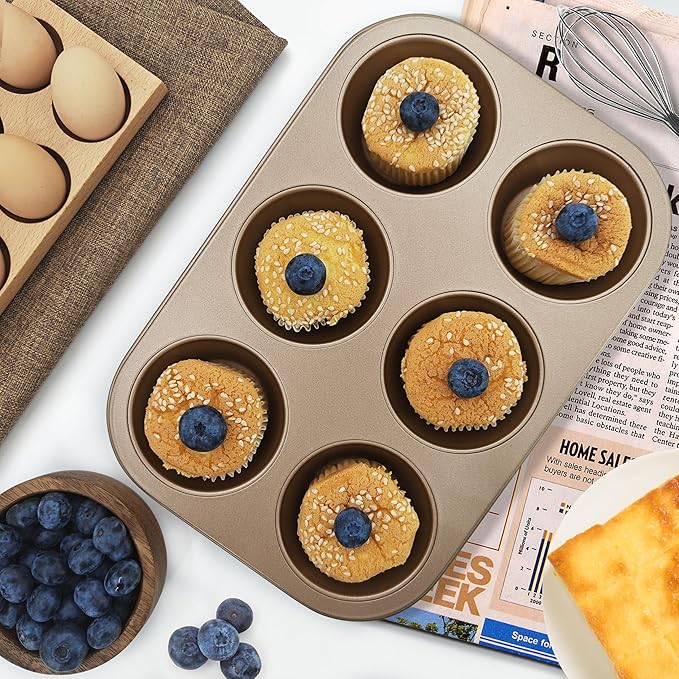 Satax Muffin Pan for Baking, Nonstick Cupcake Tin 6 Cup,sets of 2,Heavy Duty Steel Muffin Pan (Gold, 6-cup)
