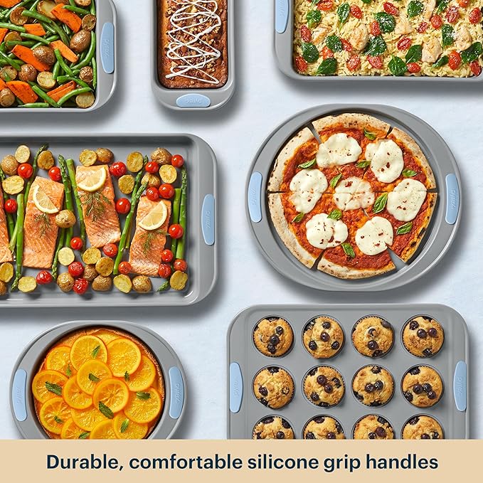 Pyrex (8-Piece) Metal Bakeware Set, Lightweight Stainless Steel Baking Trays with Heatsafe Silicone Handles, Cookie & Muffin Sheets, Round/Square Baking Pans, Cerulean