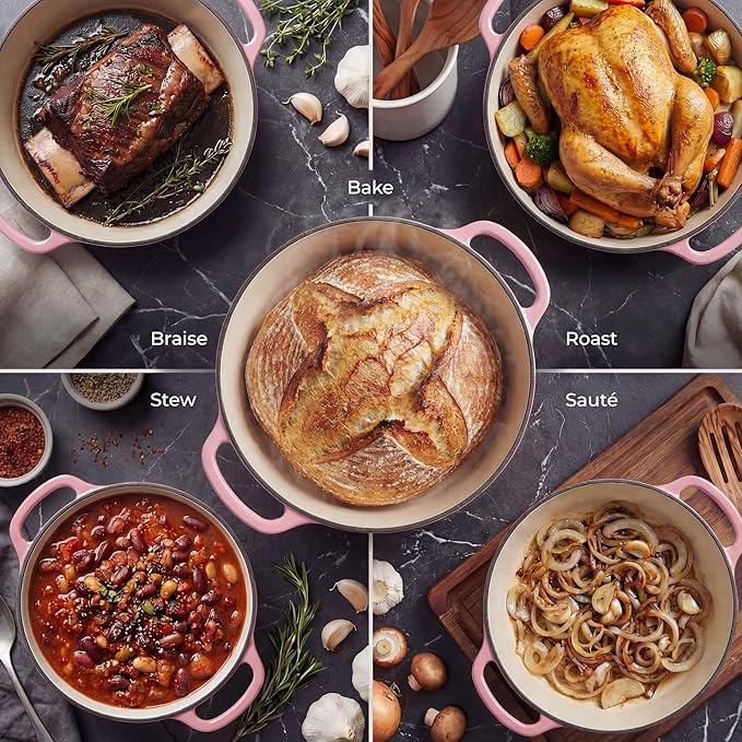 Zulay Kitchen 7.7 Quart Enameled Cast Iron Dutch Oven Pot with Lid – Premium Durability & Oven Safe up to 500°F – Heavy Duty Cookware Perfect for Bread Baking, Stews, Braising & Roasting – Pink