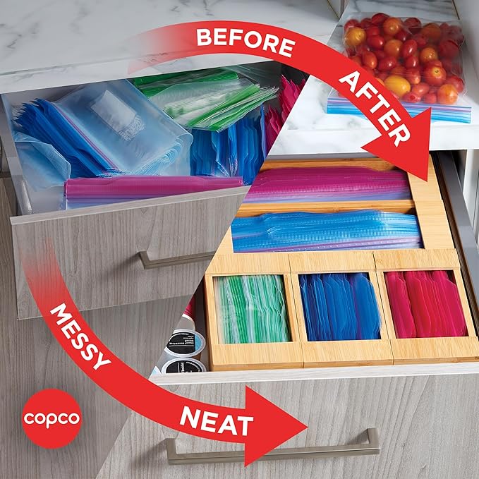 Copco Set of Resealable Storage Bag Organizers for Gallon, Quart, Sandwich and Snack Size featuring Wide Opening for Easy Bag Dispensing, Set Can be Broken Apart for Space Saving, Bamboo In Drawer