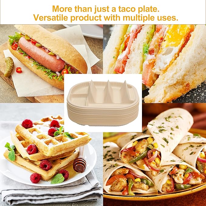 Small Disposable Taco Plates With Dipping Sides - 100 Pack, Biodegradable Cornstarch Taco Holder, Mini Size Fit 4-6 Inch Street Tortilla Shells, Sturdy & Microwave Safe, Bar Serving Set For A Party