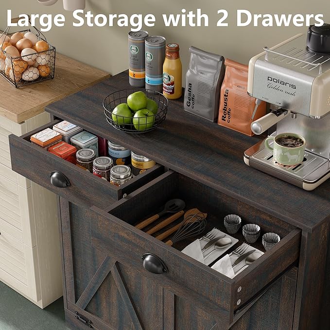 Furniouse Farmhouse Trash Can Cabinet, Double Tilt Out Trash Bin Cabinet with Barn Doors & Hideaway Drawers for Kitchen, Dark Brown