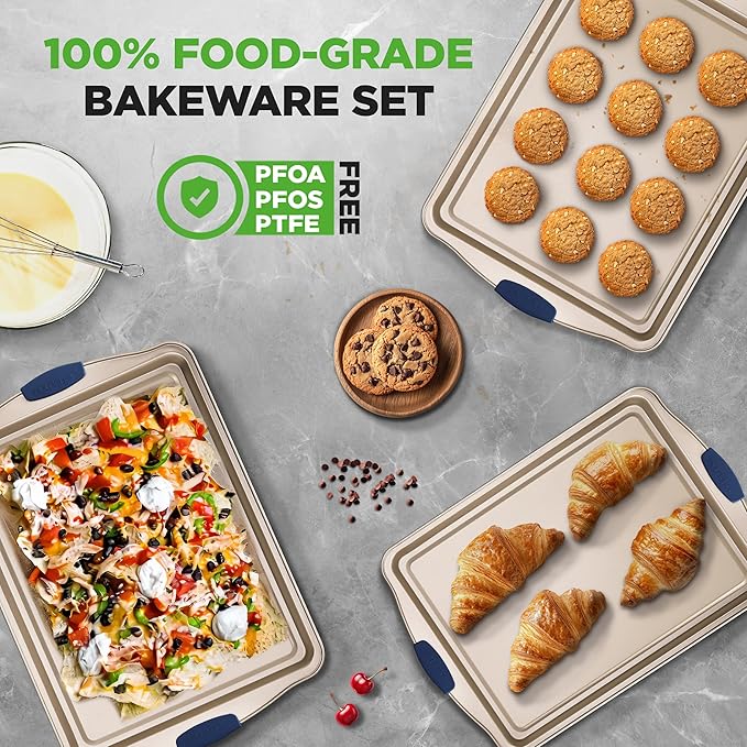NutriChef Nonstick Baking Pans Set - Carbon Steel Bakeware with Blue Silicone Handles, Even Heat Distribution, Durable & Reliable 3-Piece Cookie Sheet Set in Small, Medium, Large Sizes (Gold)