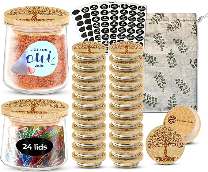 Oui Yogurt Jar Lids Bamboo Tree of Life – 24-Pack Bamboo Lids for Oui Jars with Silicone Seal – Airtight Oui Jar Covers for Yogurt Glass Jars – Labels & Cotton Storage Bag Included