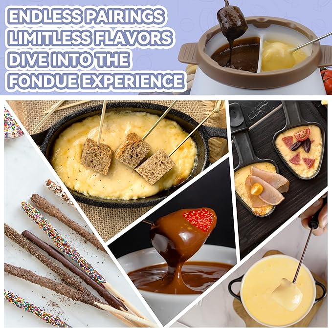 Party Desserts Electric Fondue Pot Set with 2 Pots, Melting Chocolate Warmer for Dipping, Candy & Chocolate Melting Pot, Fondue Pot Electric Set, Fondue Forks Included, 2.5 Cups, Brown