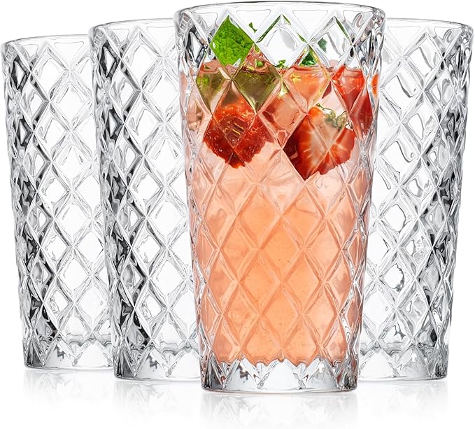 Glaver's Drinking Glasses Set of 4. Tall Highball Glasses. 14oz. Textured Diamond Cut Elegant Drinking Glass Cups- Kitchen Glassware for Water, Iced Tea, Juice, Cocktail.