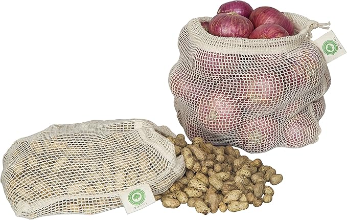 Reusable Mesh Vegetable Bags of 100% Organic Cotton - 6 Pieces Perfect Net Produce Bags - Eco-friendly, Bio-degradable & Washable Fruit, Vegetable & Produce Sacks (3 Medium, 3 Small)