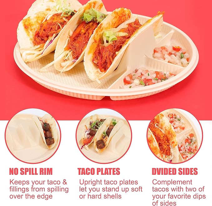 LUVCOSY 10'' Large Disposable Taco Plates, 3-Taco & 4-Sides, Biodegradable Cornstarch Taco Holder, Big Size Fit Soft & Hard Tortilla, Sturdy & Microwave Safe, Bar Serving Set For A Party- 60 Pack
